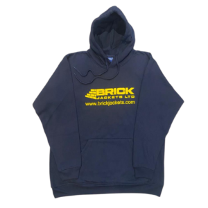A navy pullover hoodie with Brick Jackets branding printed on the chest in yellow.