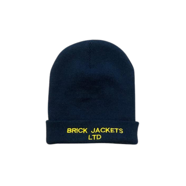 A knitted navy beanie hat with yellow embroidered text saying Brick Jackets Limited