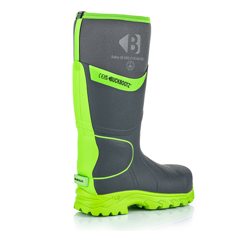 Buckbootz Safety Wellington, Black & Hi-Vis Green